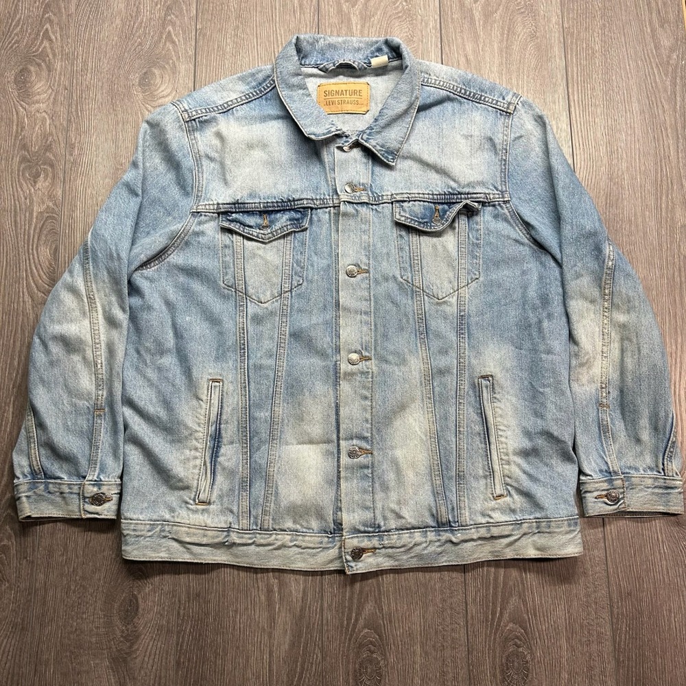 Signature by Levi Strauss Mens Light Wash Denim Trucker Jacket XXL Y2K Blue